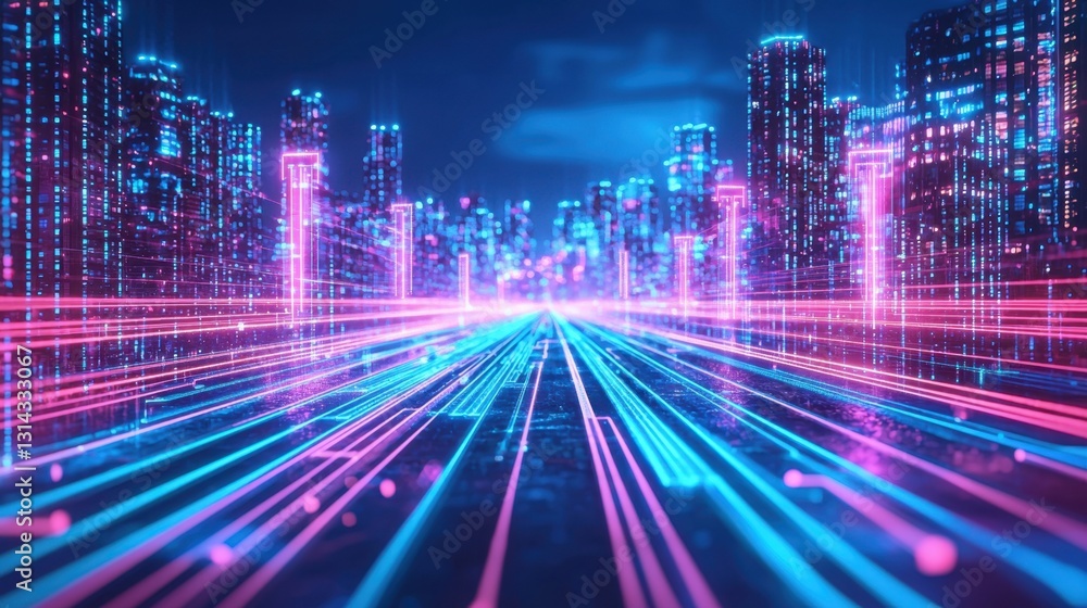 Fototapeta premium 3D Earth in a futuristic data transfer scene, illuminated by bright neon lines, pulsating with global connectivity and data exchange.