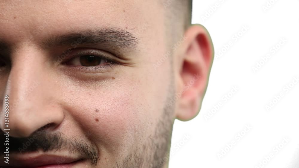 Man's face, close-up, on a white background