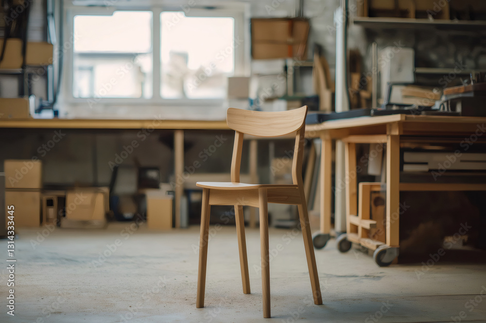 Wooden chair positioned in a carpentry workshop, highlighting the essence of craftsmanship and small business manufacturing Wooden chair positioned in a carpentry workshop, highlighting the essence of craftsmanship and small business manufacturing