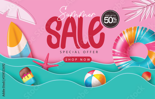 Summer sale text vector design. Summer Sale text with paper cut wave and beach elements for seasonal shopping sale advertisement. Vector illustration.