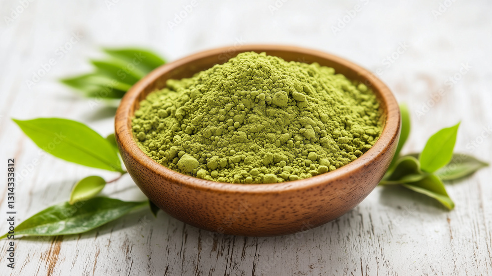 Matcha powder in wooden bowl surrounded by green leaves, showcasing its vibrant color and fine texture. This captures essence of natural ingredients and healthy living Matcha powder in wooden bowl surrounded by green leaves, showcasing its vibrant color and fine texture. This captures essence of natural ingredients and healthy living