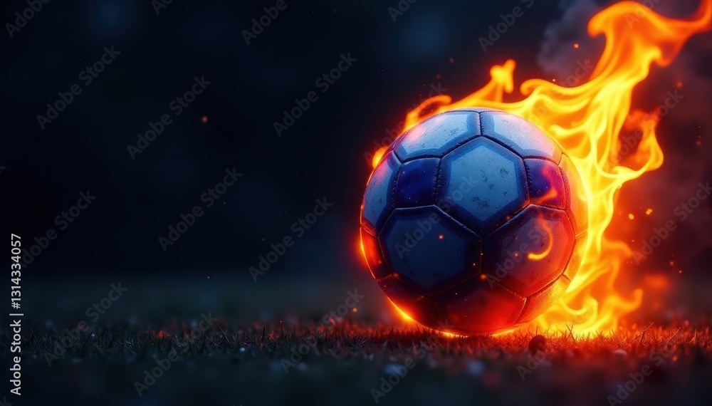 Fototapeta premium Fiery blue football engulfed in flames, dark backdrop, graphic, element, smoke