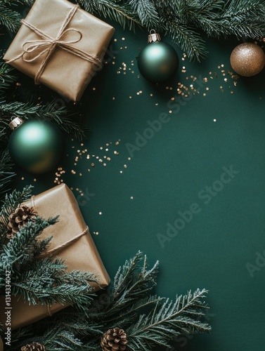 A festive image featuring a collection of holiday gifts, including presents wrapped in gold foil or silver paper, adorned with holly leaves and berries. The scene includes a dark background with