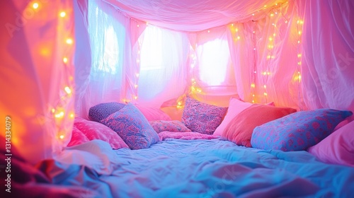 Cozy indoor fort with colorful cushions and twinkling fairy lights