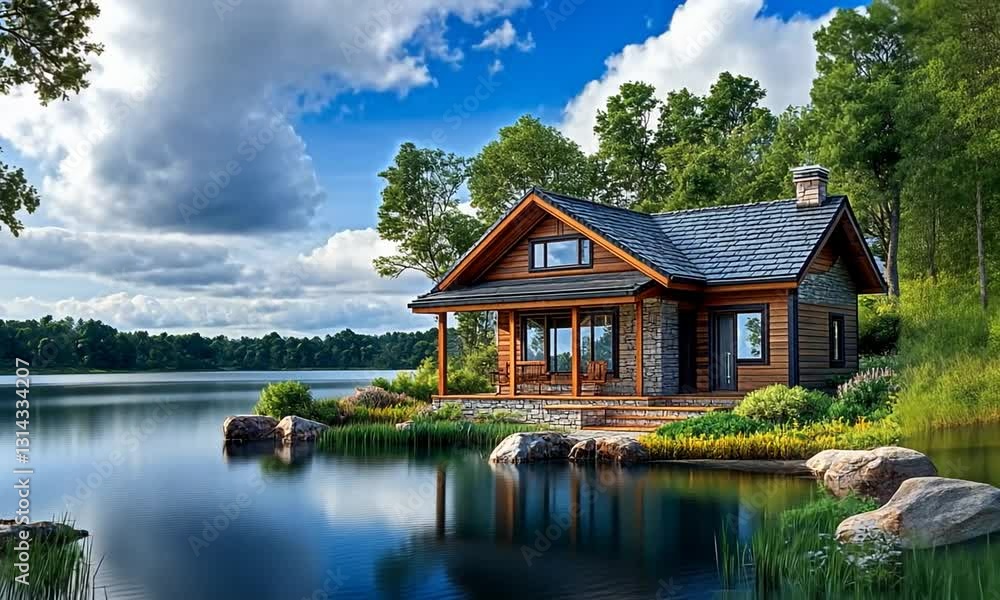 Tranquil lakeside cabin surrounded by lush greenery and serene water reflections under a cloudy sky Tranquil lakeside cabin surrounded by lush greenery and serene water reflections under a cloudy sky
