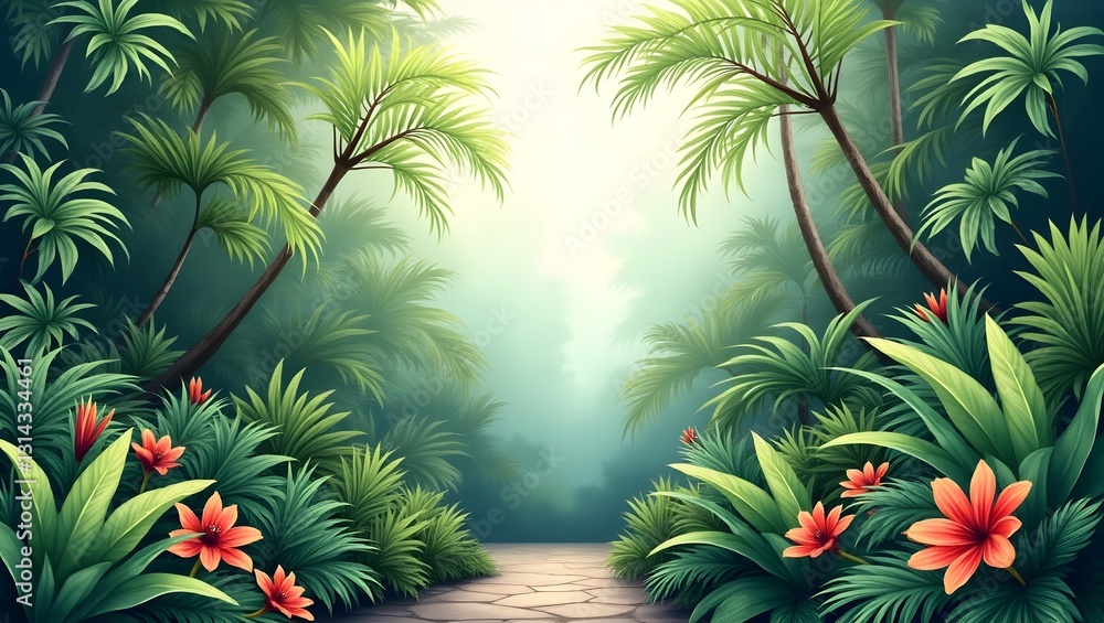 Lush Tropical Jungle Path Palm Trees Flowers Foliage Nature Scene Lush Tropical Jungle Path Palm Trees Flowers Foliage Nature Scene