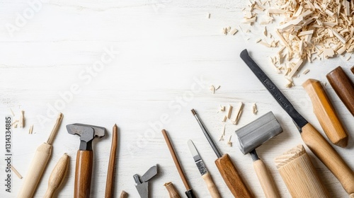Wallpaper Mural Woodworking Tools Flat Lay on White Wood, Carpentry, Crafting Torontodigital.ca