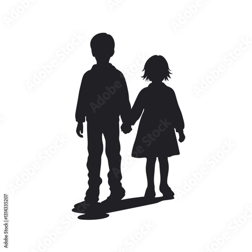 Silhouette of two children holding hands against white background