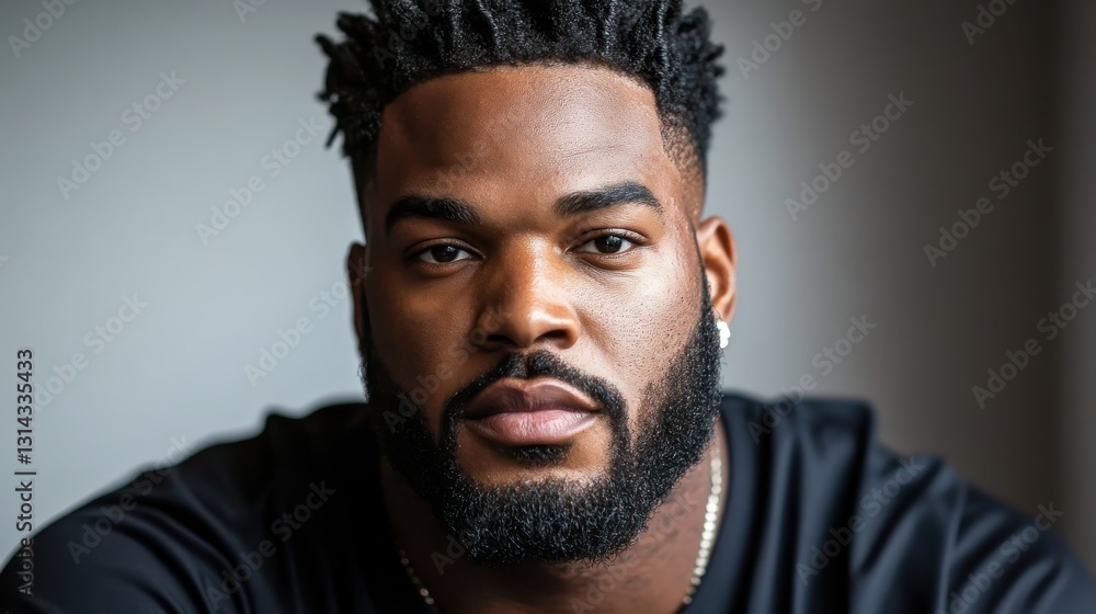 Close-Up Portrait of a Confident Man with a Stylish Beard and Short Curly Hair in Natural Light Close-Up Portrait of a Confident Man with a Stylish Beard and Short Curly Hair in Natural Light