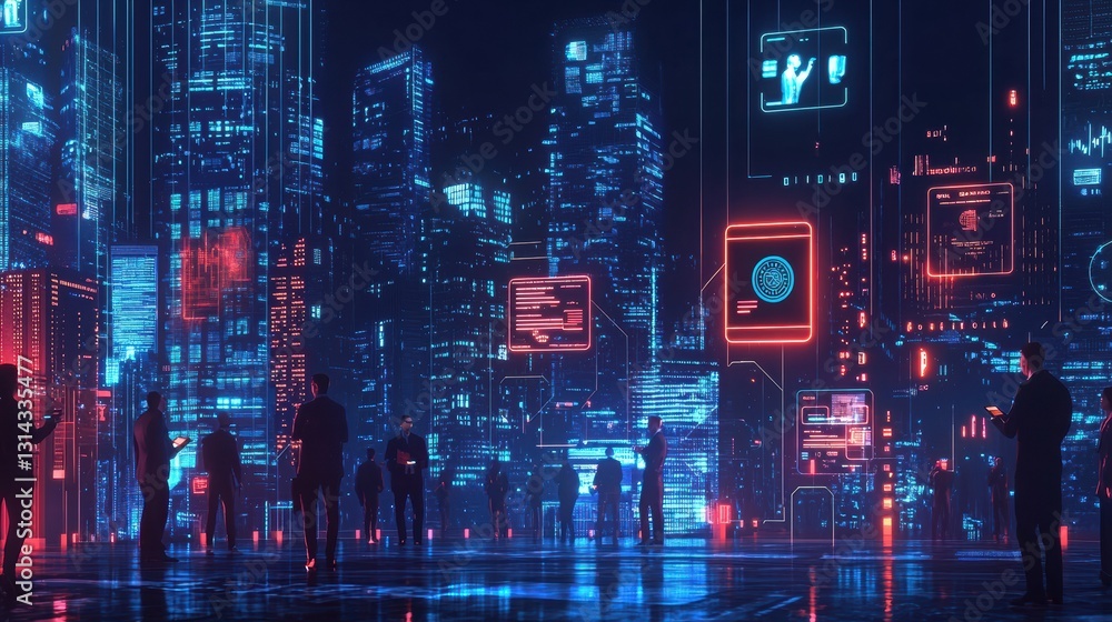 Fototapeta premium Futuristic Cityscape with Neon Lights and Digital Displays at Night