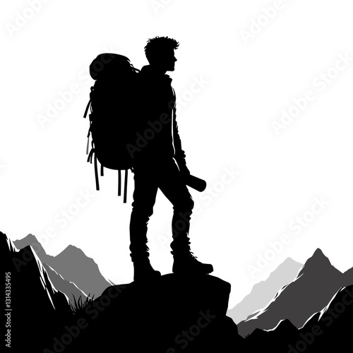 Silhouette hiker standing on mountain peak.