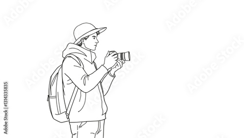 Line drawing of a photographer taking a photo with a camera.