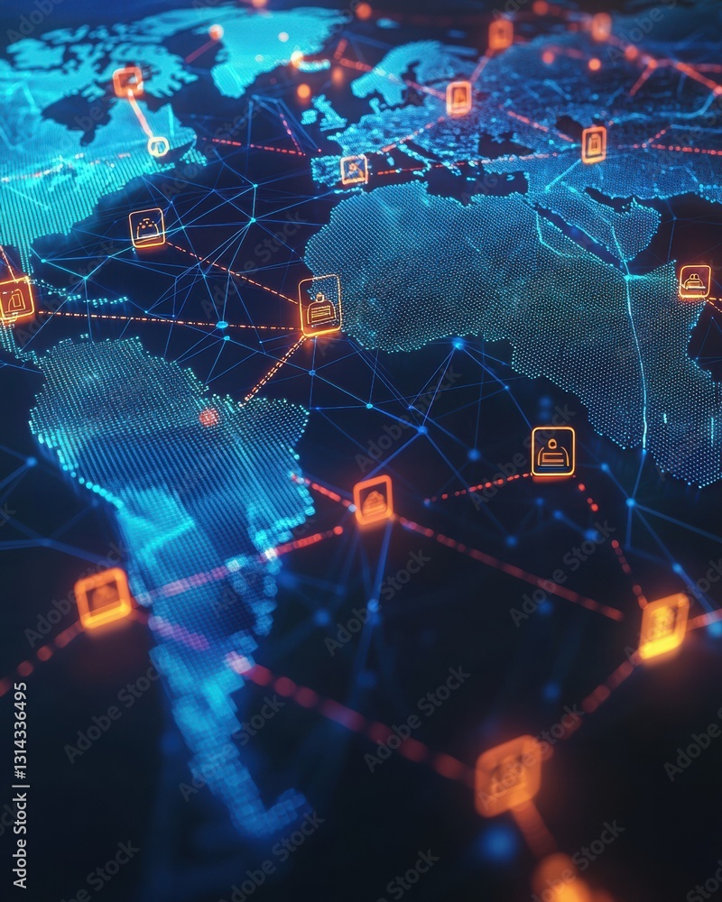 Fototapeta premium Digital Network Connections Across World Map Illustration