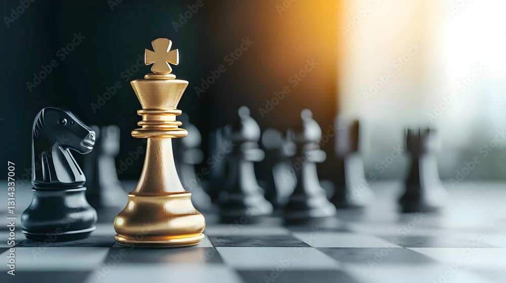 Golden King Chess Piece Confronts Black Knight on Checkered Board in Dramatic Spotlight Golden King Chess Piece Confronts Black Knight on Checkered Board in Dramatic Spotlight