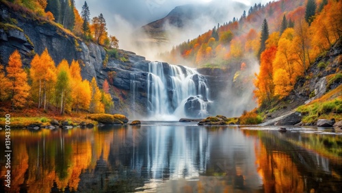 A misty autumn morning at Rovijokkfossen waterfall in Skibotndalen photo