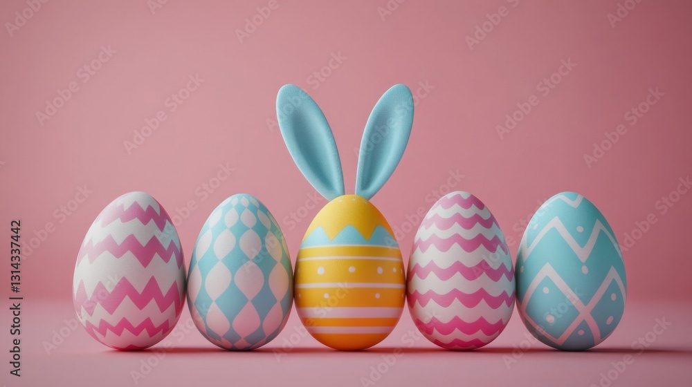 Row of colorful Easter eggs with bunny ears on pink background Row of colorful Easter eggs with bunny ears on pink background