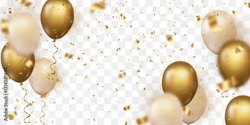 Festive confetti and flying balloons png. Golden bright confetti falls. Vector celebration background with confetti and 3d helium balloons. Holidays and Birthday. Isolated on transparent background.