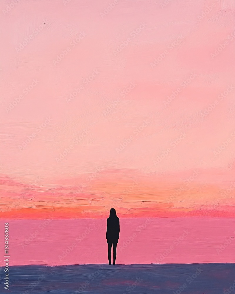 woman standing on bridge at sunset, looking at horizon, pastel pink sky woman standing on bridge at sunset, looking at horizon, pastel pink sky