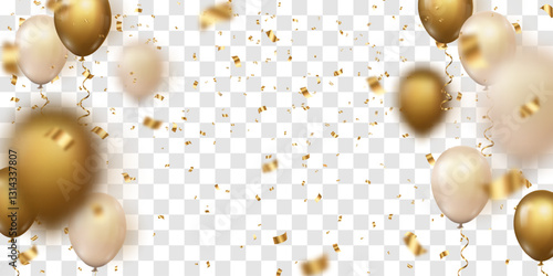 Festive confetti and flying balloons png. Golden bright confetti falls. Vector celebration background with confetti and 3d helium balloons. Holidays and Birthday. Isolated on transparent background.