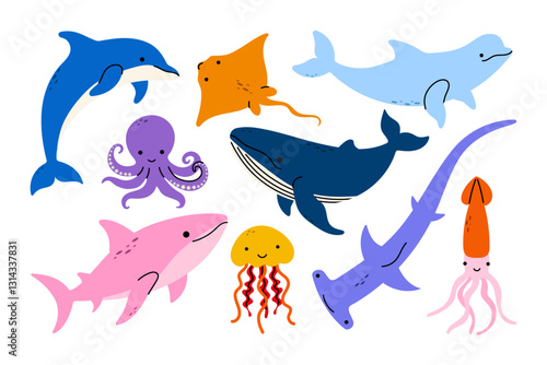 Set of colorful marine animals: dolphin, whale, shark, octopus, jellyfish, stingray, squid, and hammerhead. Perfect for kids, ocean-themed designs, and educational materials.