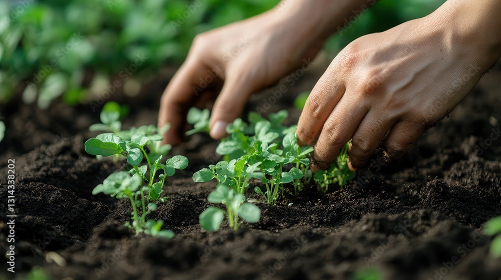 close-up of hands gently planting organic food in dark, moist soil, fresh green sprouts emerging, the essence of natural and mindful farming close-up of hands gently planting organic food in dark, moist soil, fresh green sprouts emerging, the essence of natural and mindful farming