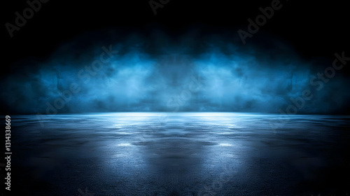 Dark Empty Scene With Blue Neon Spotlight Smoke Fog And Wet Asphalt Floor Reflecting Light In Futuristic Urban Background