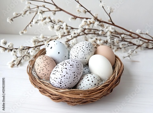 Colorful easter eggs rest in a wicker basket alongside delicate willow branches on a bright white surface, perfect for spring celebrations