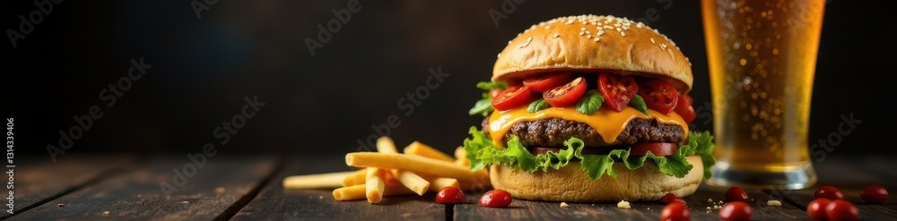 Juicy burger, overflowing with toppings, sits beside a frosty beer , juicy, meal Juicy burger, overflowing with toppings, sits beside a frosty beer , juicy, meal