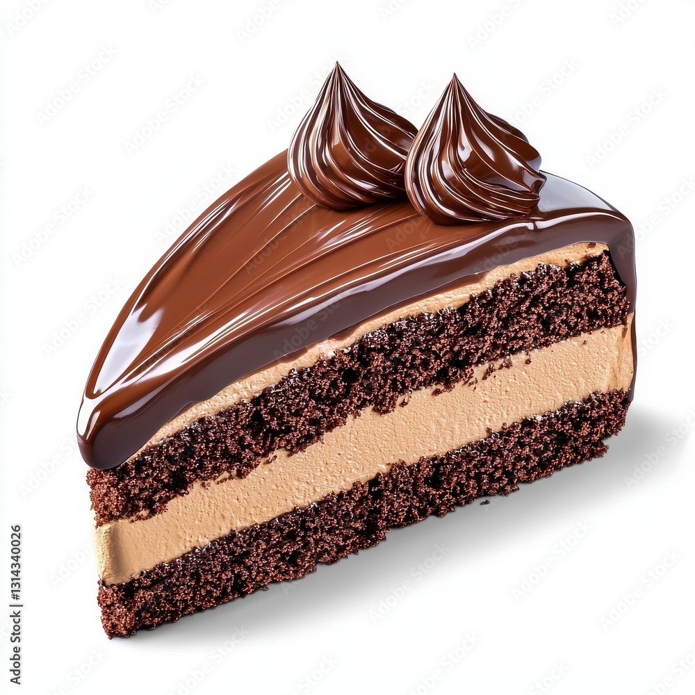 A delicious chocolate cake slice with creamy layers and a glossy chocolate topping, garnished with swirls of chocolate frosting. A delicious chocolate cake slice with creamy layers and a glossy chocolate topping, garnished with swirls of chocolate frosting.
