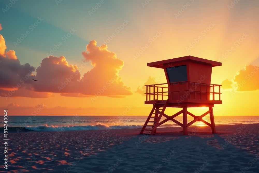 Lonely lifeguard tower at sunset, empty beach , unoccupied, golden hour