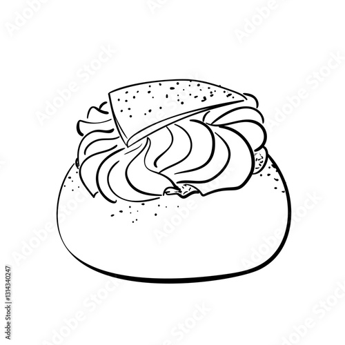 Semla, hand drawn sketch of traditional Swedish sweet pastry, whipped cream filled bun, Vector illustration monochrome black line on white background