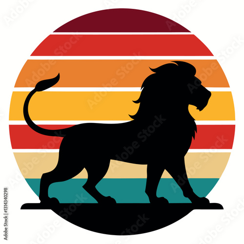 A lion-silhouette-on-retro-stripes-with-a-sun.