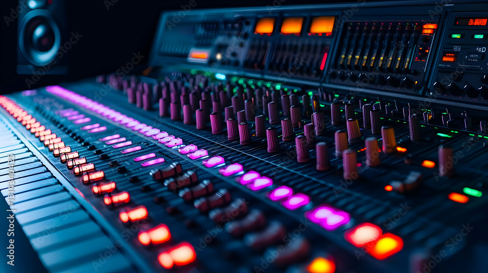 Professional Audio Mixing Console With Illuminated Controls In A Dark Recording Studio Setting Professional Audio Mixing Console With Illuminated Controls In A Dark Recording Studio Setting