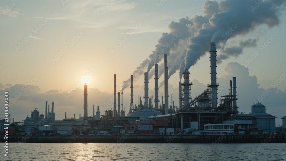 Industrial Complex with Smoke Stacks Under a Sunset Sky at the Edge of a Water Body Industrial Complex with Smoke Stacks Under a Sunset Sky at the Edge of a Water Body