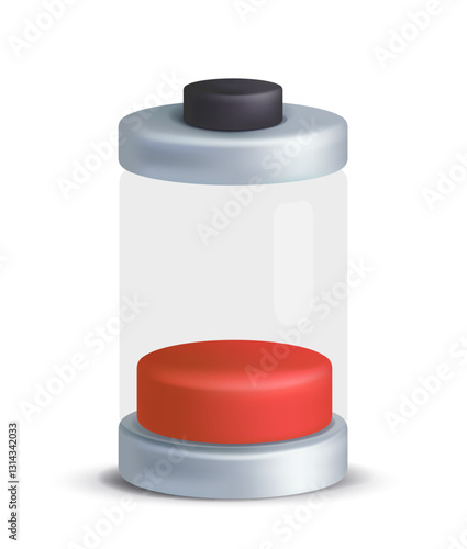3D Battery Icons. Sticker with red charge level indicator. Low energy percentage. Discharged power source. Design element for ui of gadget. Realistic vector illustration in plasticine style