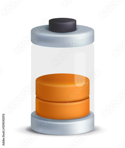 3D Battery Icons. Sticker with orange charge level indicator. Average percentage of energy or power. Design element for user interface of device. Realistic vector illustration in plasticine style