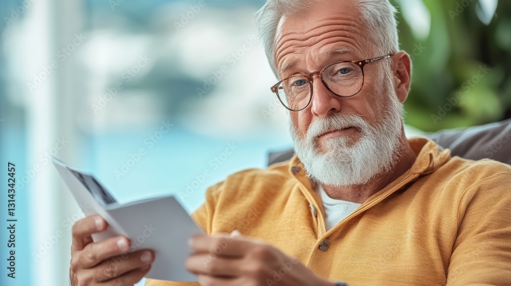 An older man is sitting in a chair and reading a piece of paper. He is wearing glasses and has a serious expression on his face. Concept of focus and concentration as the man reads the paper An older man is sitting in a chair and reading a piece of paper. He is wearing glasses and has a serious expression on his face. Concept of focus and concentration as the man reads the paper