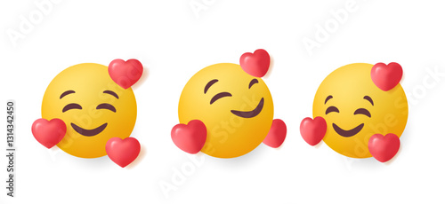 Set of 3d emoji. Stickers with face surrounded by red hearts and expressing emotion of love and romance. Emoticons for social networks. Realistic vector illustration collection in plasticine style