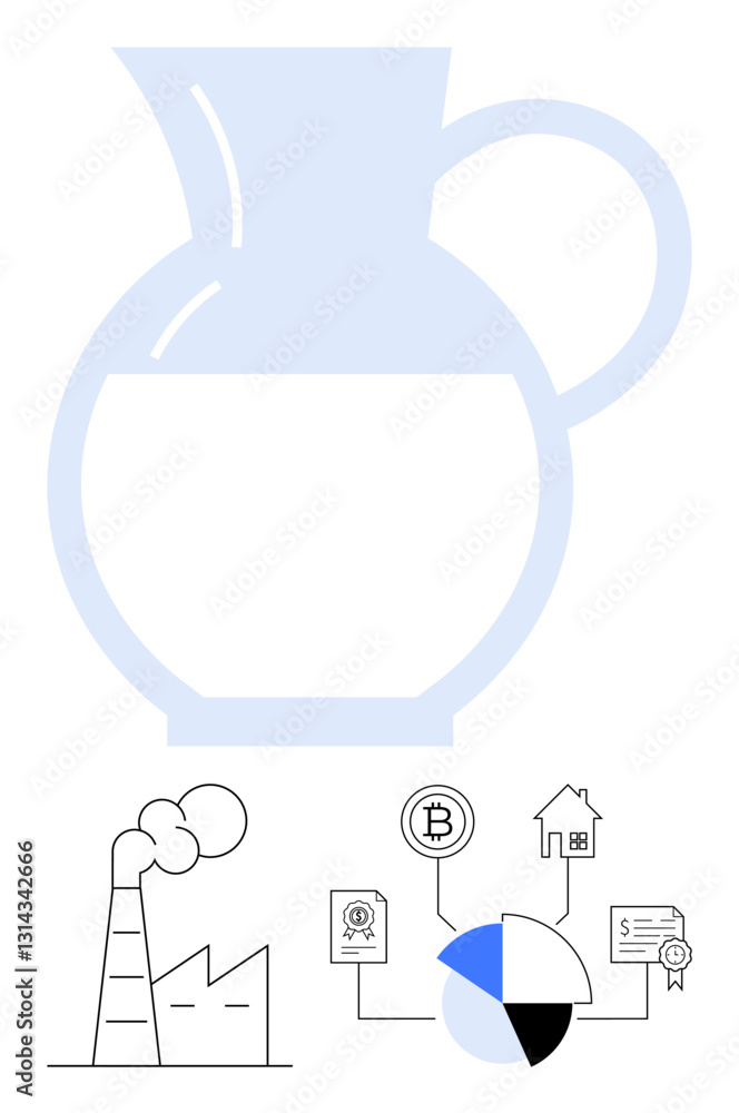Obraz premium Large translucent jug above factory emissions, Bitcoin transaction, housing loan, certification, and pie data analysis. Ideal for sustainability, finance, economy, environment energy investments