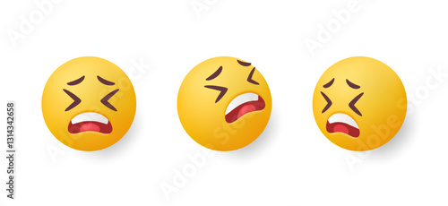 Set of 3d emoji. Stickers with upset face expressing sadness emotion. Round yellow emoticons for communication in social networks. Realistic vector illustration collection in plasticine style
