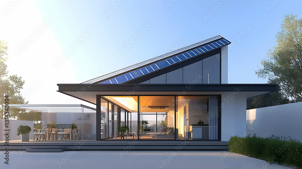 Modern Sustainable House With Solar Panels On Sloped Roof White Exterior and Open Plan Living Space During Golden Hour Sunlight Modern Sustainable House With Solar Panels On Sloped Roof White Exterior and Open Plan Living Space During Golden Hour Sunlight