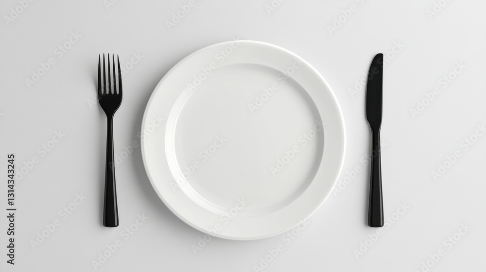 Elegant Minimalist Table Setting with Empty White Plate, Black Cutlery on a Simple Background for Modern Dining and Culinary Presentation Elegant Minimalist Table Setting with Empty White Plate, Black Cutlery on a Simple Background for Modern Dining and Culinary Presentation
