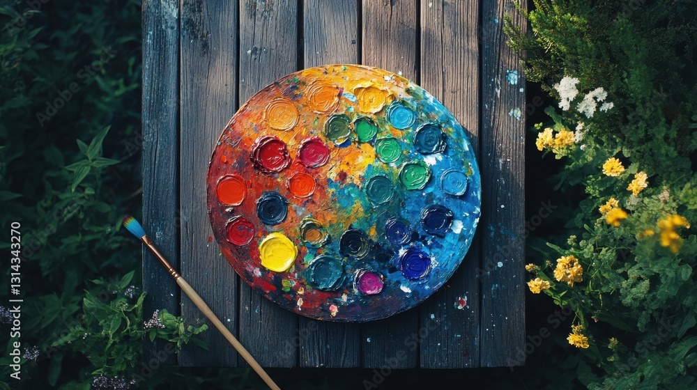 Obraz premium Vibrant Color Palette on a Wooden Surface Surrounded by Greenery and Flowers in Natural Light for Art and Creativity Themes