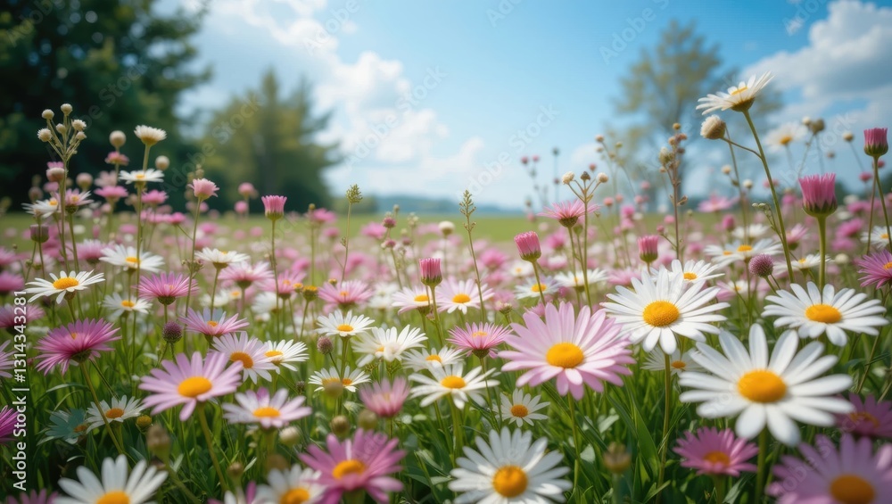 Vibrant Meadow Filled With Blooming Daisies and Colorful Flowers Under a Clear Blue Sky Vibrant Meadow Filled With Blooming Daisies and Colorful Flowers Under a Clear Blue Sky
