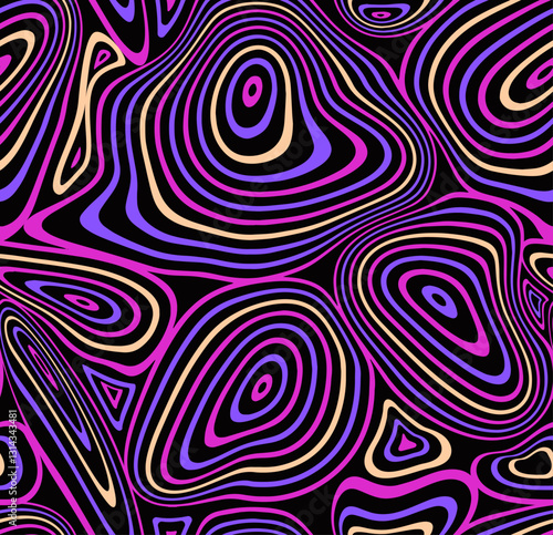 Illusion seamless pattern. Psychedelic repeating pattern with round geometric shapes and optical illusion. Design element for printing on fabric. Flat vector illustration in abstract style