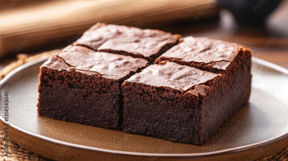 Deliciously Rich Chocolate Brownies on a Round Plate Served in a Cozy Setting with Natural Lighting and Textured Background Deliciously Rich Chocolate Brownies on a Round Plate Served in a Cozy Setting with Natural Lighting and Textured Background