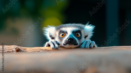 Baby lemur is looking at the camera with a surprised expression. The image has a playful and curious mood, as the lemur seems to be intrigued by the camera