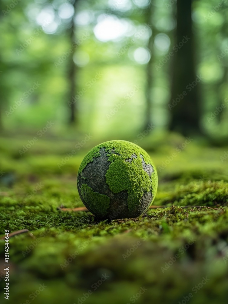 Fototapeta premium A vibrant, close-up image of a green sports ball resting on a soft carpet of moss in a lush forest environment. The ball is centrally positioned and contrasts vividly with the surrounding natural