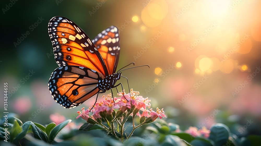 Fototapeta premium Monarch Butterfly on Flower in Sunlit Garden