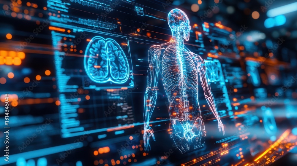 Futuristic Digital Human Anatomy Model with Brain Visualization and Data Interfaces in High-Tech Medical Environment Futuristic Digital Human Anatomy Model with Brain Visualization and Data Interfaces in High-Tech Medical Environment